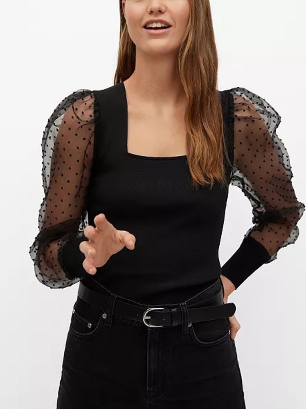 MANGO Black Square Neck Plumeti Sheer Puff Sleeve Top Medium